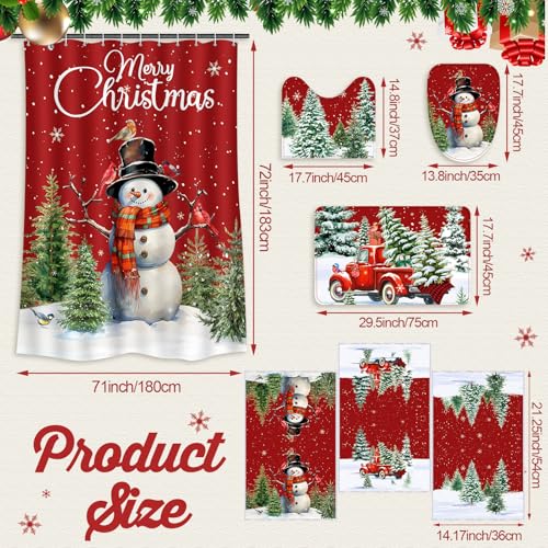 7 Pcs Christmas Shower Curtain Set with Non Slip Rugs, Toilet Cover and Towels U40957
