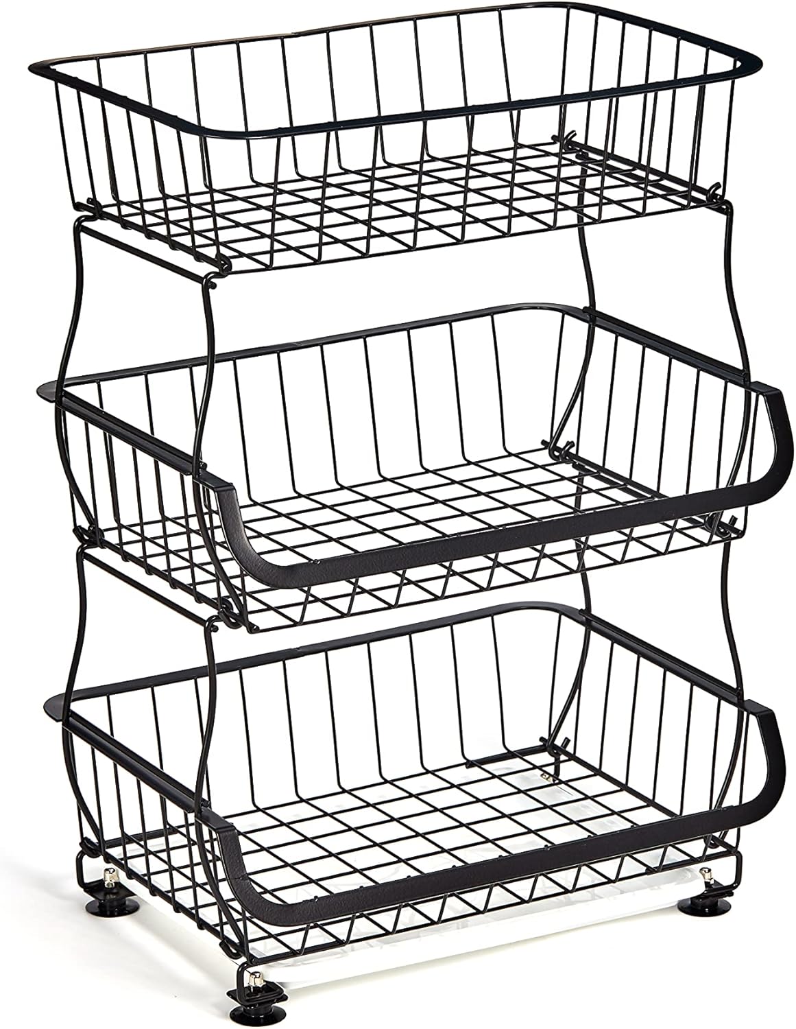 FANWU 3 Tier Fruit Basket Stand, Fruit and Vegetable Storage Cart, Wire Storage Basket with Wheels, Metal Stackable Snack Organizer, Potatoes Onions Produce Storage Bins Rack for Kitchen, Pantry (Black-3-Tier Storage Baskets)