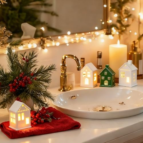 Ceramic Christmas Village Houses LED Lighted Set for Tabletop Mantel Decor D9921