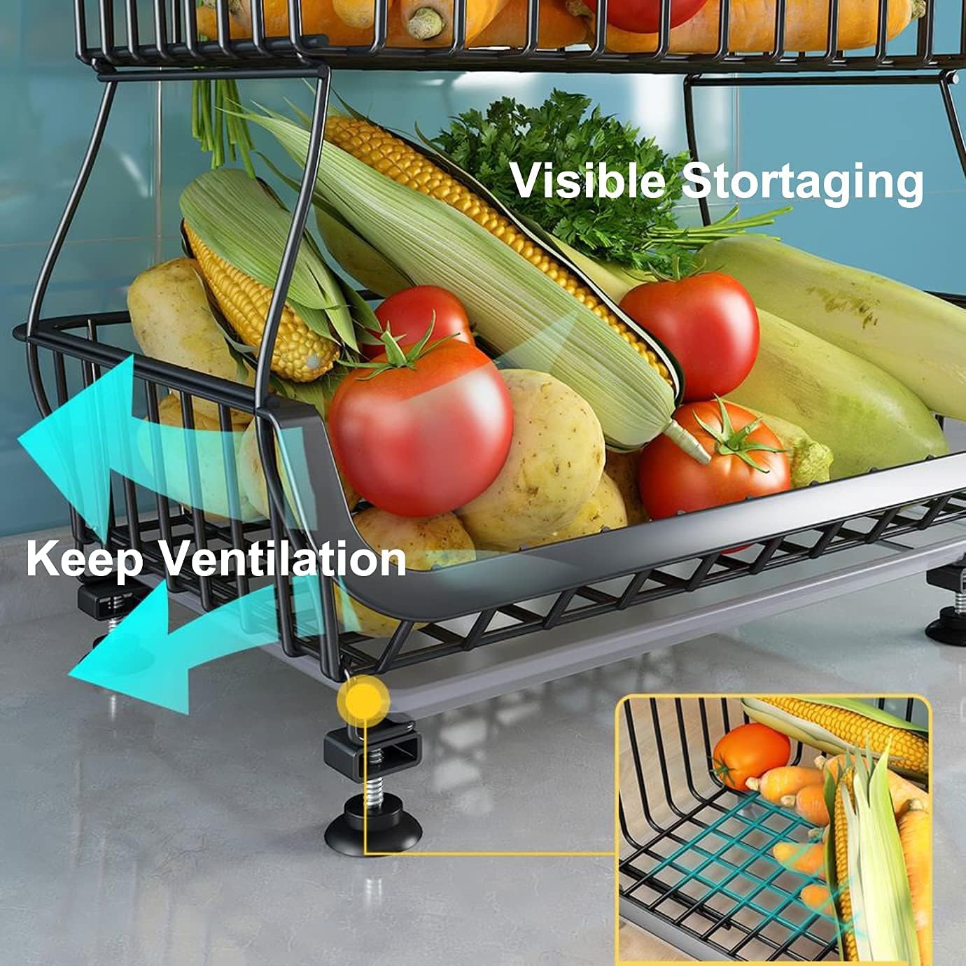 3 Tier Fruit Basket Stand with Wheels, Metal Storage Cart for Kitchen Pantry Q358527