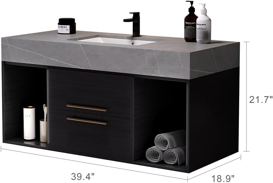 Bathroom Vanity with Sink, 39.4 Inches, Floating Design, 2 Cabinets, 2 Drawers P659255