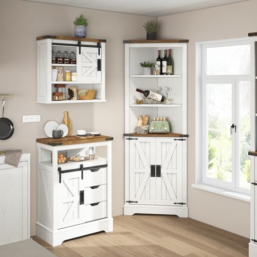 AMERLIFE 68" Tall Corner Cabinet, Farmhouse Corner Cabinet with Barn Door Design,Wall Corner Cabinet with Adjustable Shelves for Bathroom, Living Room,Antique White & Barnwood