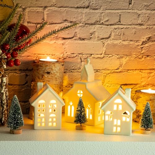 7PCS Christmas Village Sets - 3 LED Lighted Ceramic Houses with Remote & 4 Trees, Porcelain Miniature Decorations X236956