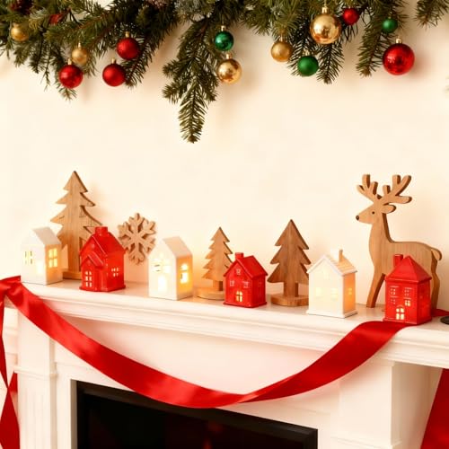 Ceramic Christmas Village Houses LED Lighted Set for Tabletop Mantel Decor D9921