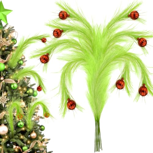 Lime Green Fluffy Curly Christmas Tree Picks with Red Ball, 8 Pieces O343