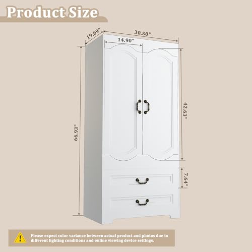 2 Door Wardrobe with 2 Drawer, White Vintage Armoire with Clothing Rod, 67" Tall Wooden Closet Cabinet for Bedroom Z7390