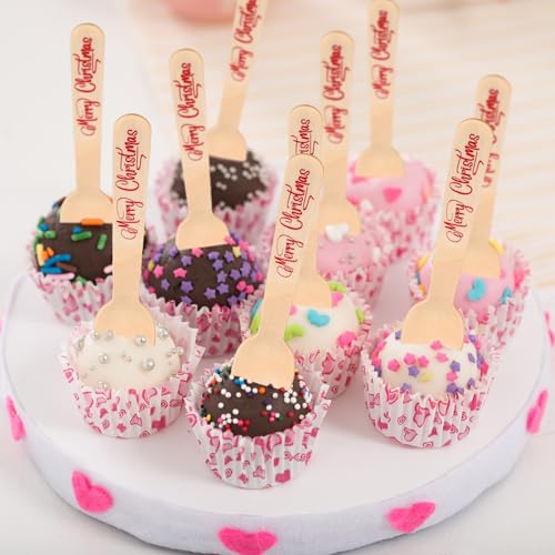 100 Set Christmas Wooden Spoons for Hot Cocoa, Chocolate, and Baking A7471