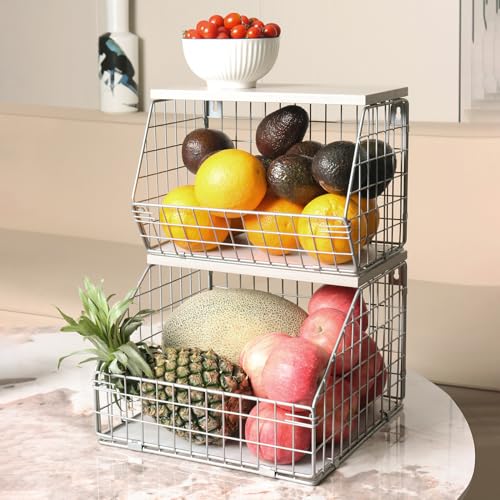 Stackable Wall Mounted Fruit Basket with Wood Lid, 2-Tier Vegetable Organizer Y4454