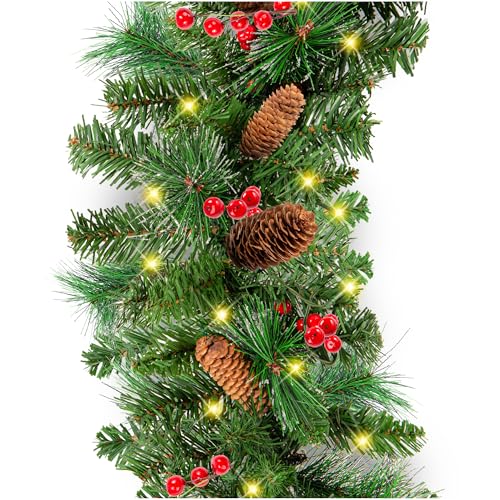 9ft Pre-Lit Christmas Garland for Stairs, Fireplace with 50 Lights W212