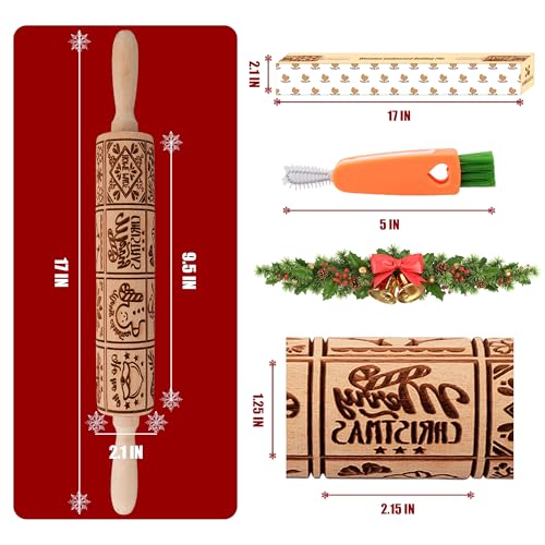 Wooden Rolling Pin for Baking with Christmas Embossed Designs, Includes Cleaning Brush O863