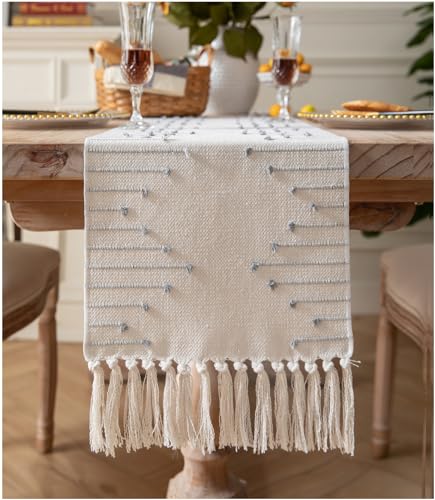 Christmas Table Runner 13 x 90 Inch Natural Cotton Woven with Tassels, Red and Beige U800