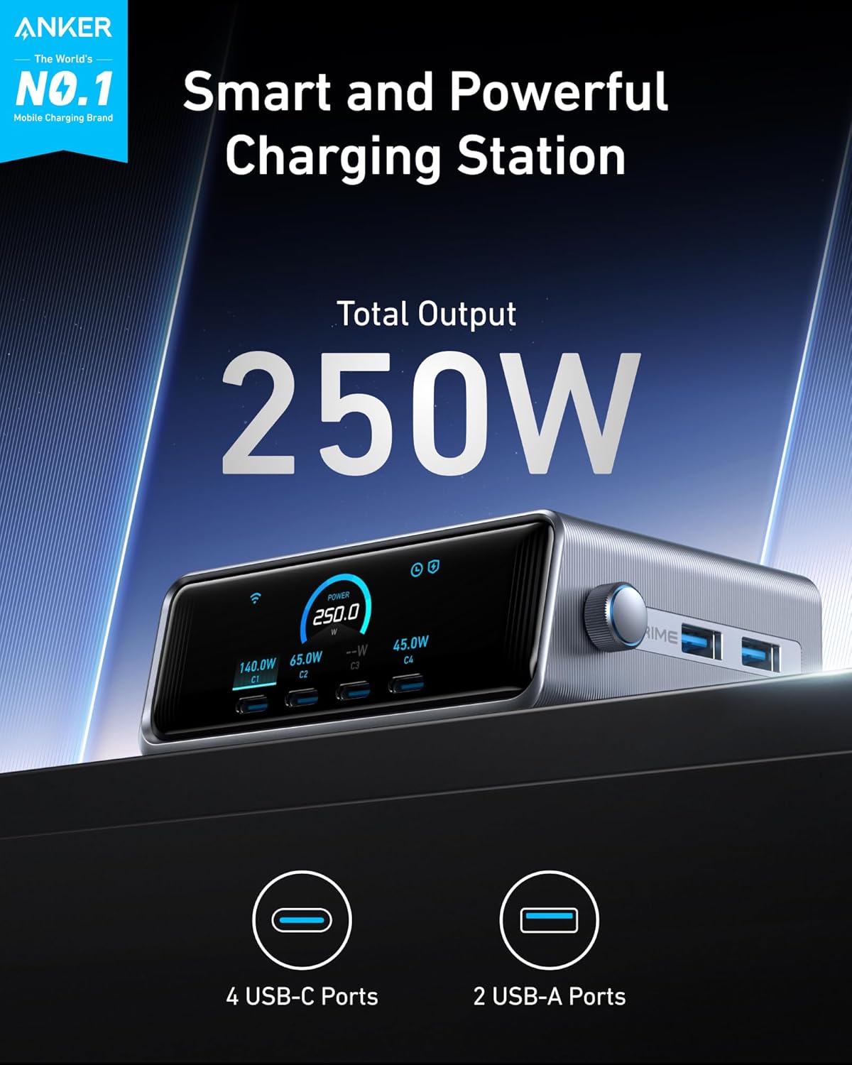 250W USB-C Charger, 6-Port GaN Charging Station with LCD Display G5995