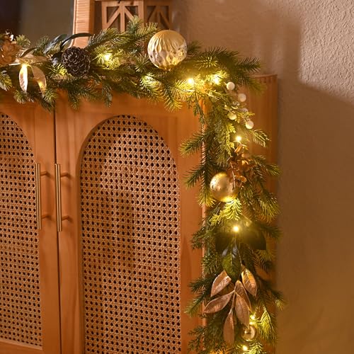 Christmas Garland with Lights, 6Ft Prelit for Mantle, Stairs Railing, Green Gold R97358