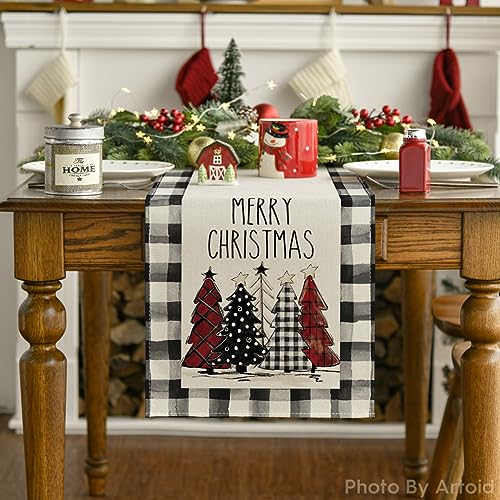 Buffalo Plaid Christmas Trees Table Runner, Winter Holiday Kitchen Dining Decor, 13 x 108 Inch A940