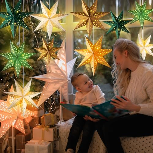 12 Pcs Christmas Paper Star Lantern 9 Point Hanging Ornament with String Light H44991