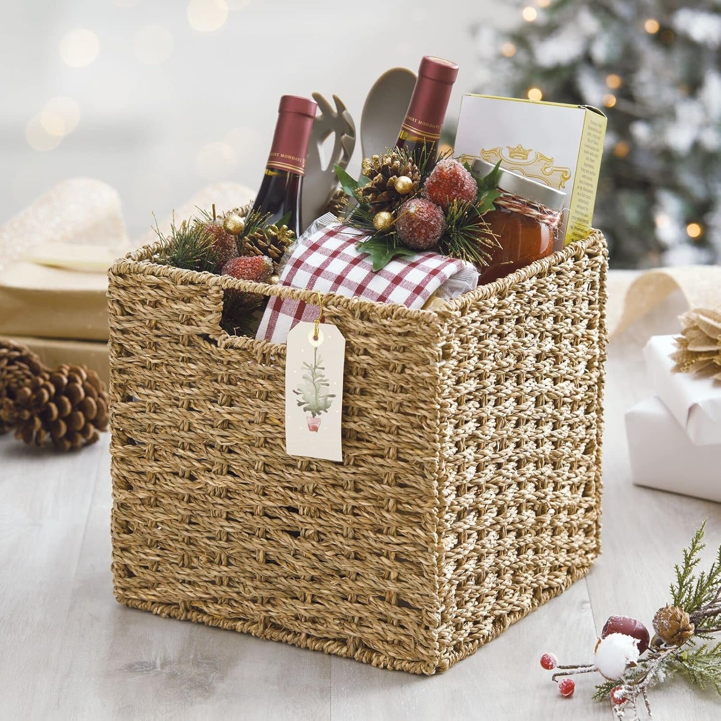 Seagrass Woven Cube Basket Organizer with Handles, 4 Pack, Natural/Tan Q244
