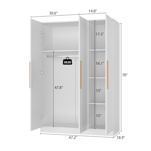 Large Armoire Wardrobe with 3 Doors and Hanging Space, White Q9874