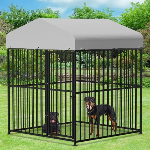 VIVIJASON 4 x 4 x 5 Ft Large Outdoor Dog Kennel, Heavy Duty Metal Frame Dog Cage with Thickened Bars, UV & Waterproof Cover, Outside Pen Playpen Dog Run House for Large to Small Dogs