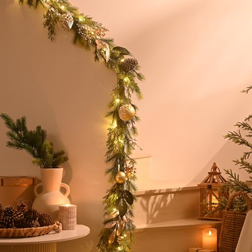 Christmas Garland with Lights, 6Ft Prelit for Mantle, Stairs Railing, Green Gold R97358