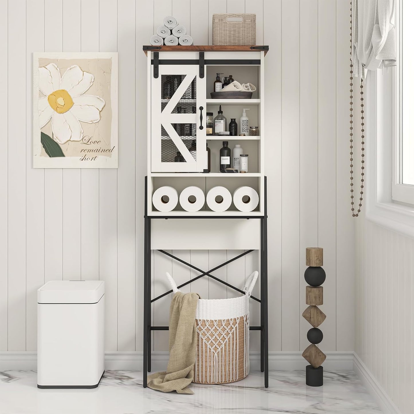 Over The Toilet Storage Cabinet with Adjustable Shelves and Barn Door T63503