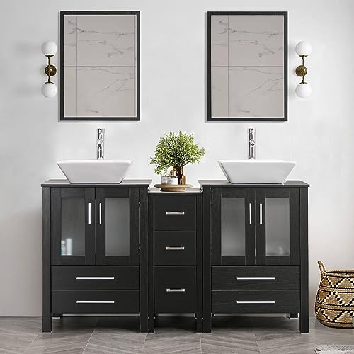 60" Double Vanity (2 * 24" Vanity,2* Porcelain Vessel Basin Sink,1 * 12" Side Cabinets),Double Bathroom Vanity Top with Porcelain White Sink,1.5 GPM Faucet/Drain Parts/Mirror Includes