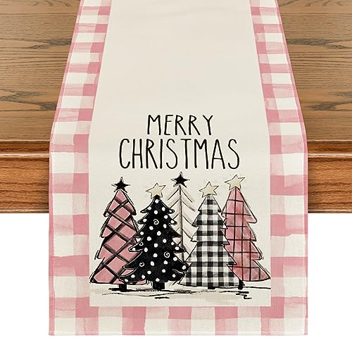 Buffalo Plaid Christmas Trees Table Runner, Winter Holiday Kitchen Dining Decor, 13 x 108 Inch A940