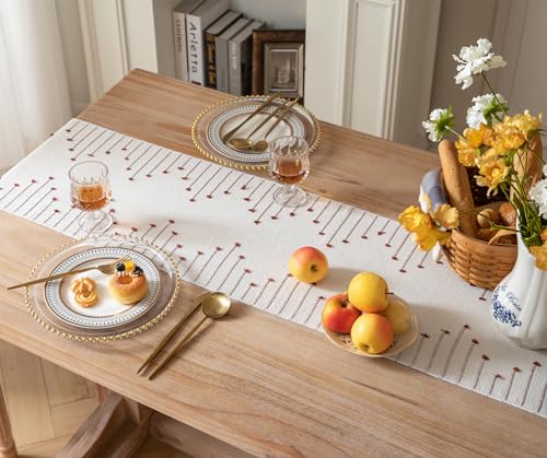 Christmas Table Runner 13 x 90 Inch Natural Cotton Woven with Tassels, Red and Beige U800