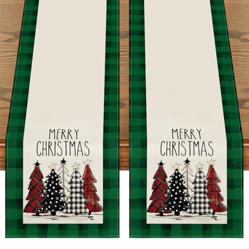Buffalo Plaid Christmas Trees Table Runner, Winter Holiday Kitchen Dining Decor, 13 x 108 Inch A940
