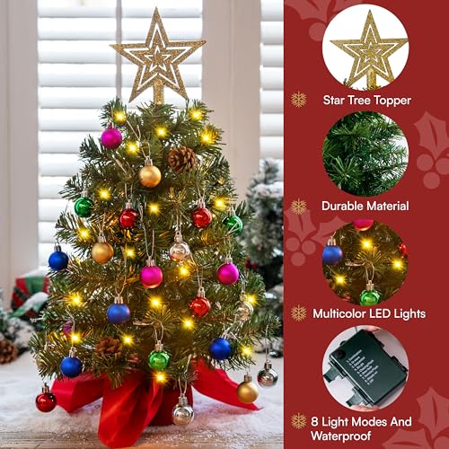 24" Mini Christmas Tree Tabletop Set with LED Lights and Ornaments V8406