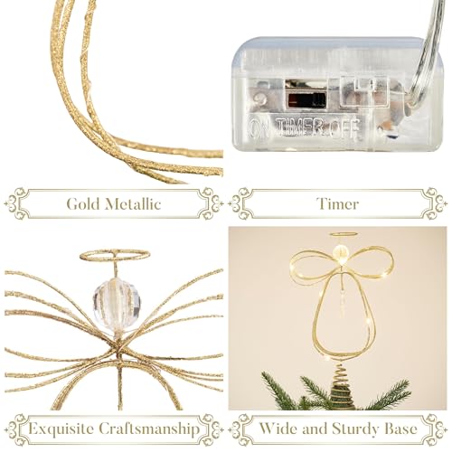 Lighted Christmas Tree Topper Angel with Timer, 10 Inch Pre-Lit Gold Metal I955