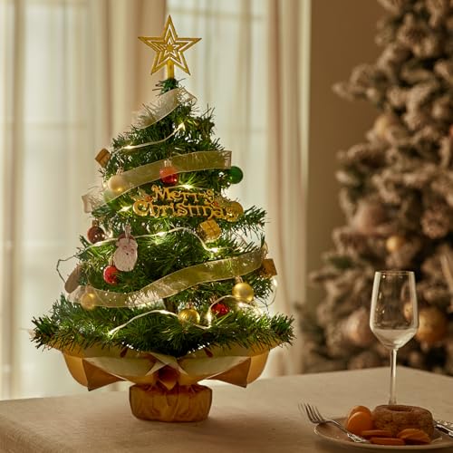 Mini Christmas Tree with 50 LED Lights 24 Inch Tabletop Prelit Artificial Tree J785647