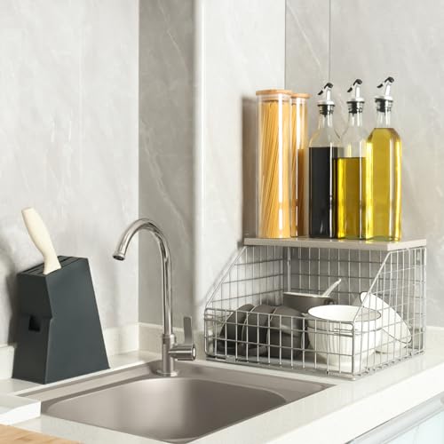 Stackable Wall Mounted Fruit Basket with Wood Lid, 2-Tier Vegetable Organizer Y4454