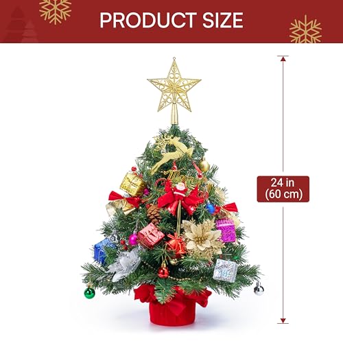 24" Mini Christmas Tree Tabletop Set with LED Lights and Ornaments V8406