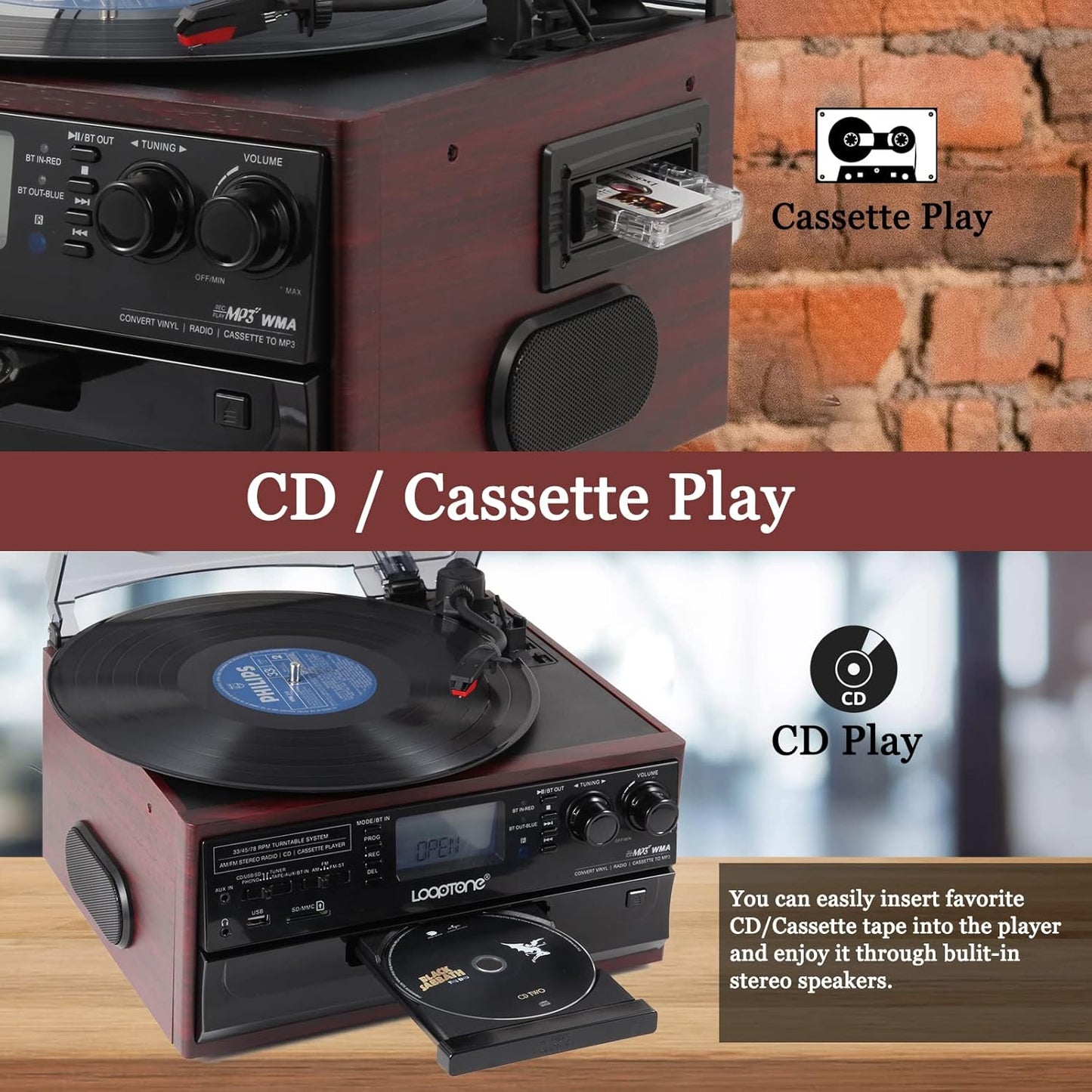10 in 1 Bluetooth Record Player with CD, Cassette, AM/FM Radio, USB/SD Recorder Q17482