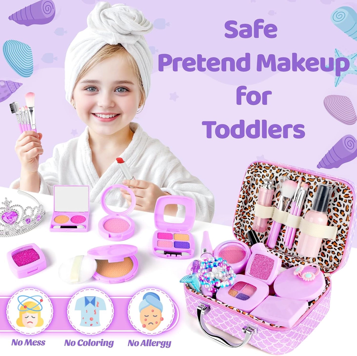 Pretend Makeup for Toddlers, Mermaid Toy Purse for Girls, Kids Makeup Kit C24410