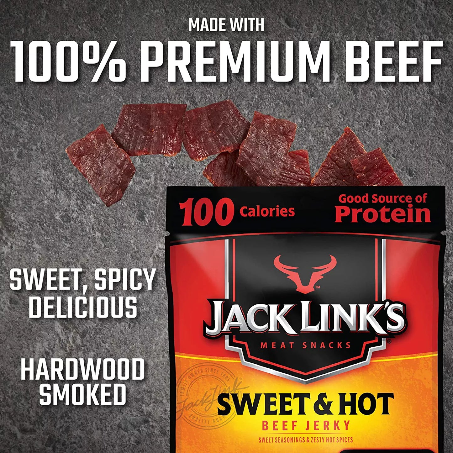 Beef Jerky Sweet and Hot Flavorful Meat Snack, 11g Protein, 1.25 oz, 2 Bags H578