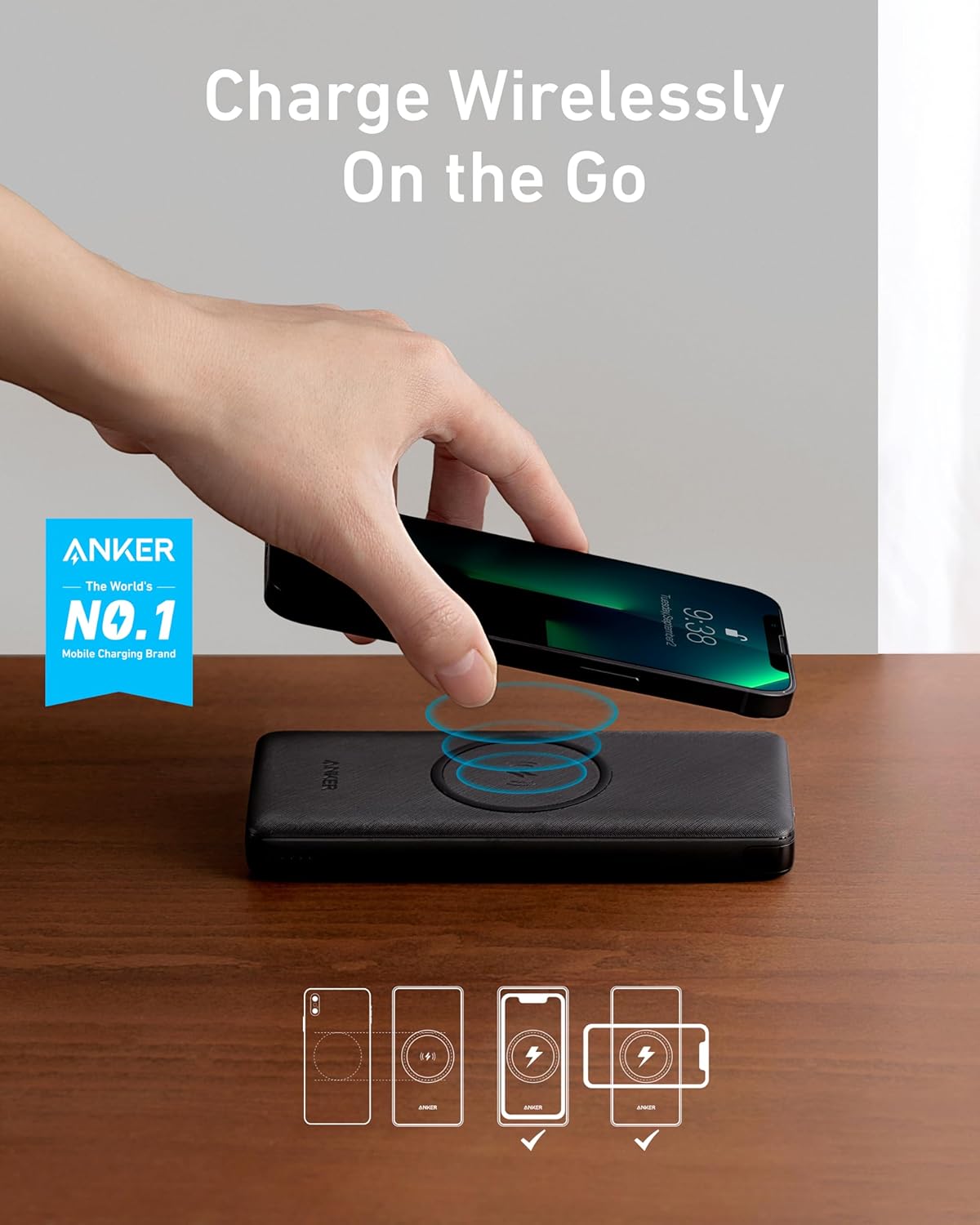 10,000 mAh Wireless Portable Charger with 10W Qi-Certified Charging and 18W USB-C Quick Charge O4441