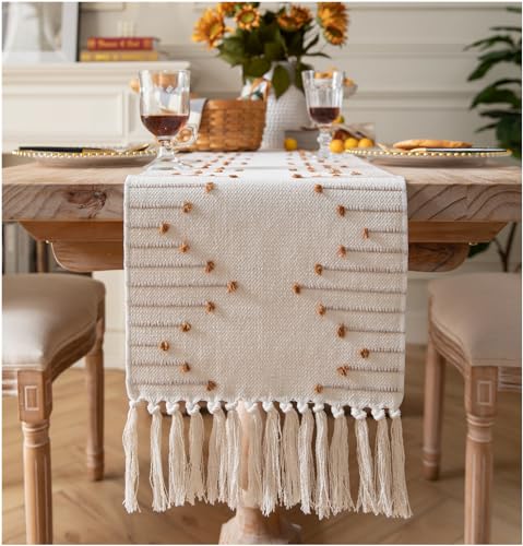 Christmas Table Runner 13 x 90 Inch Natural Cotton Woven with Tassels, Red and Beige U800