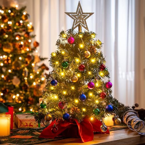 24" Mini Christmas Tree Tabletop Set with LED Lights and Ornaments V8406