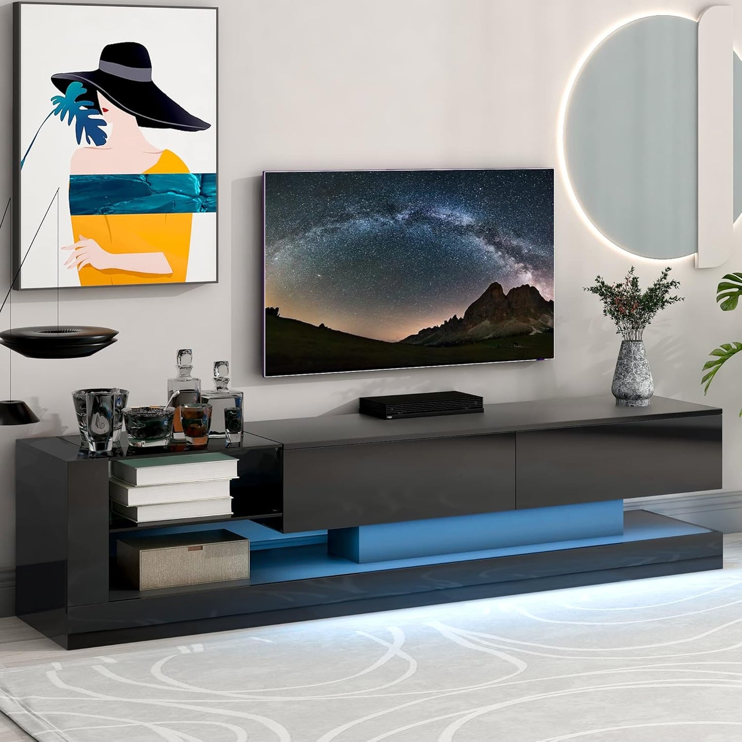 High Gloss TV Stand with LED Lights and 2 Media Storage Cabinets for 75 Inch TV, Black D626049