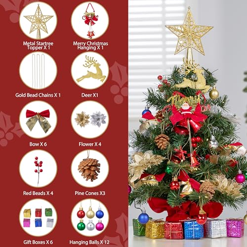 24" Mini Christmas Tree Tabletop Set with LED Lights and Ornaments V8406