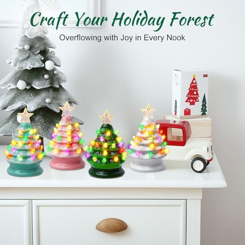 5 Inch Mini Ceramic Christmas Tree Set - 4 Pack Pre-lit Tabletop with Multicolored LED Lights H9498
