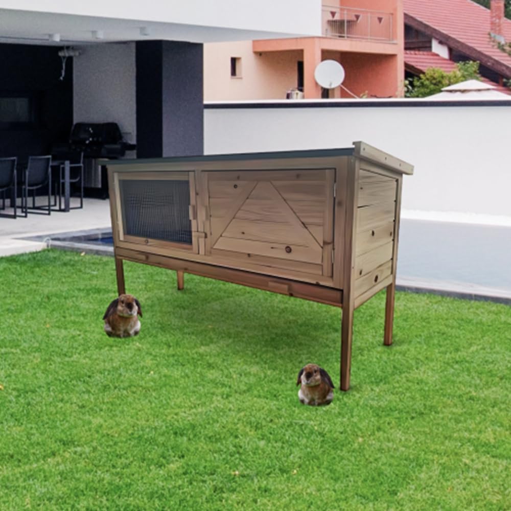 Wooden Rabbit Hutch with Open Roof and Pull Out Tray I815