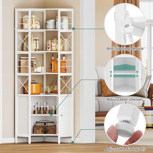 Corner Bookshelf with Storage, 7-Tier Shelf with Doors, White V9182
