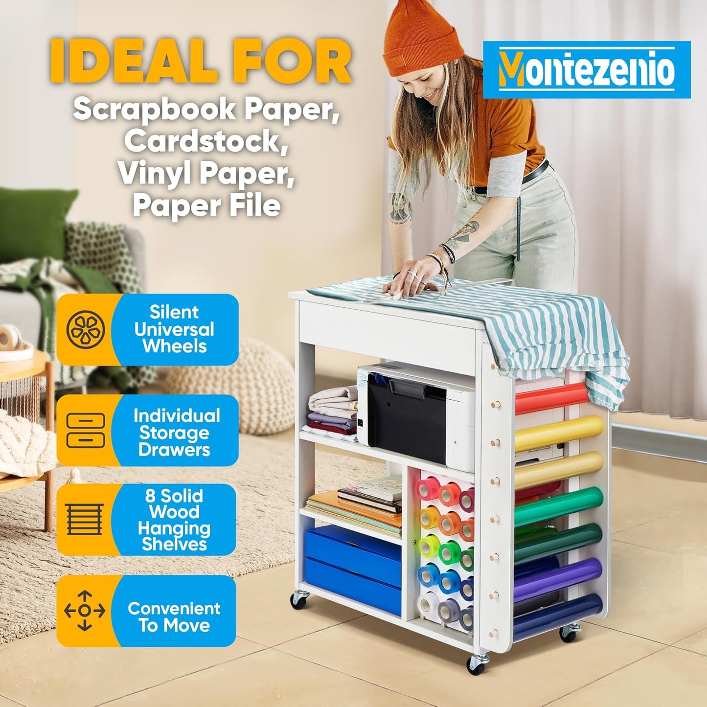 Rolling Craft Storage Cart with 23 Vinyl Roll Holder and Wheels I155108