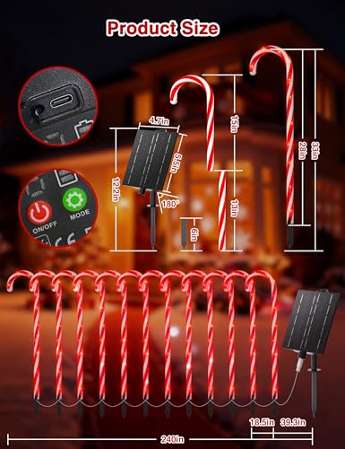 24 Pack 28" Solar Candy Cane Path Lights Christmas Decorations, 264 Bright LEDs Waterproof Outdoor Yard Garden Walkway Z629998