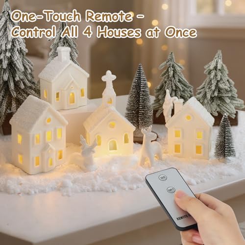Christmas Village Set with 4 Lighted Ceramic Houses, 2 Trees, 2 Deer & Santa U967
