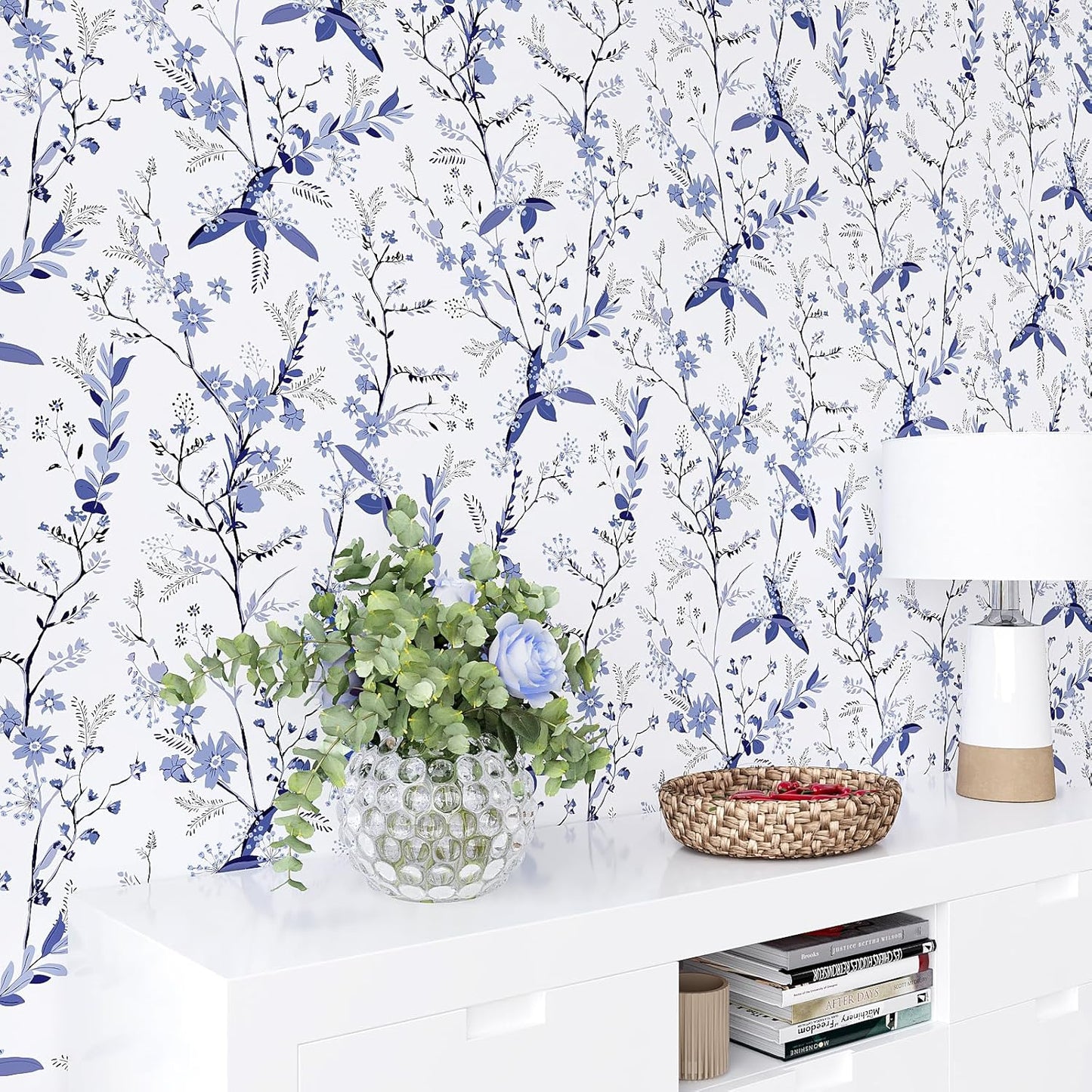 Blue Botanical Floral Peel and Stick Wallpaper for Bedroom Walls Z983187