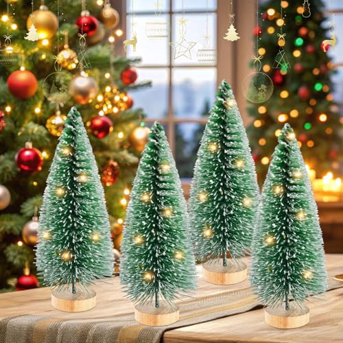 12 Pcs Mini Christmas Trees with Lights, 4" Artificial Bottle Brush Trees with Wooden Bases for Table Decor F11400