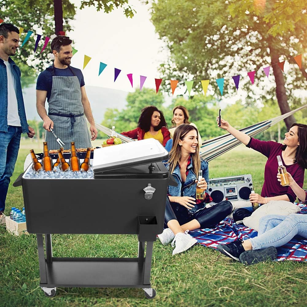 80 Quart Rolling Ice Chest, Portable Patio Party Bar Drink Cooler Cart, with Shelf, Insulated Rolling Cooler Cart with Bottle Opener, Mobile Cooler on Wheels, Rolling Cooler Cart